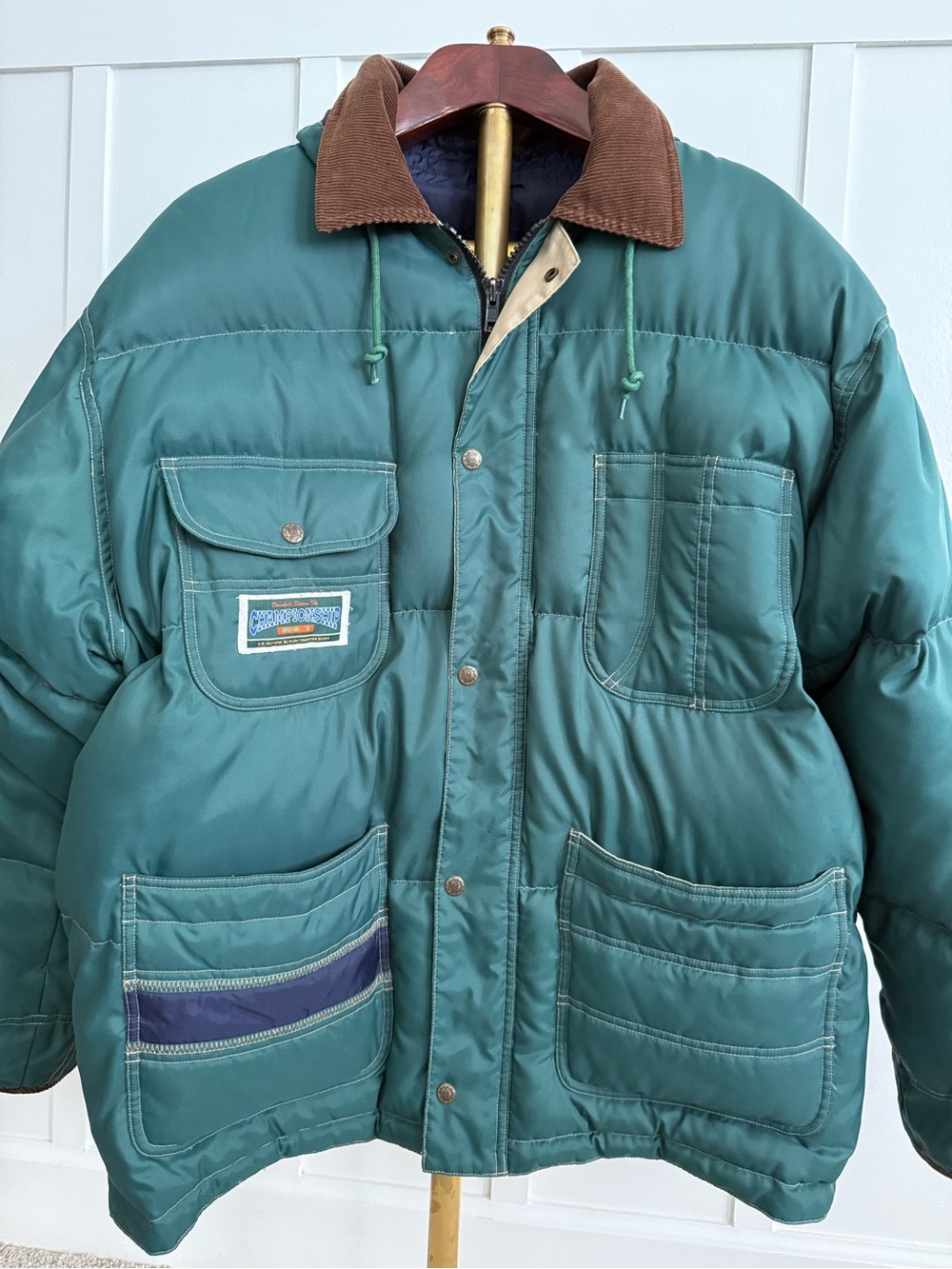 OLD GAP GREEN DOWN FILLED PUFFER COAT BROWN CORDUROY COLLAR TACTICAL GORPCORE